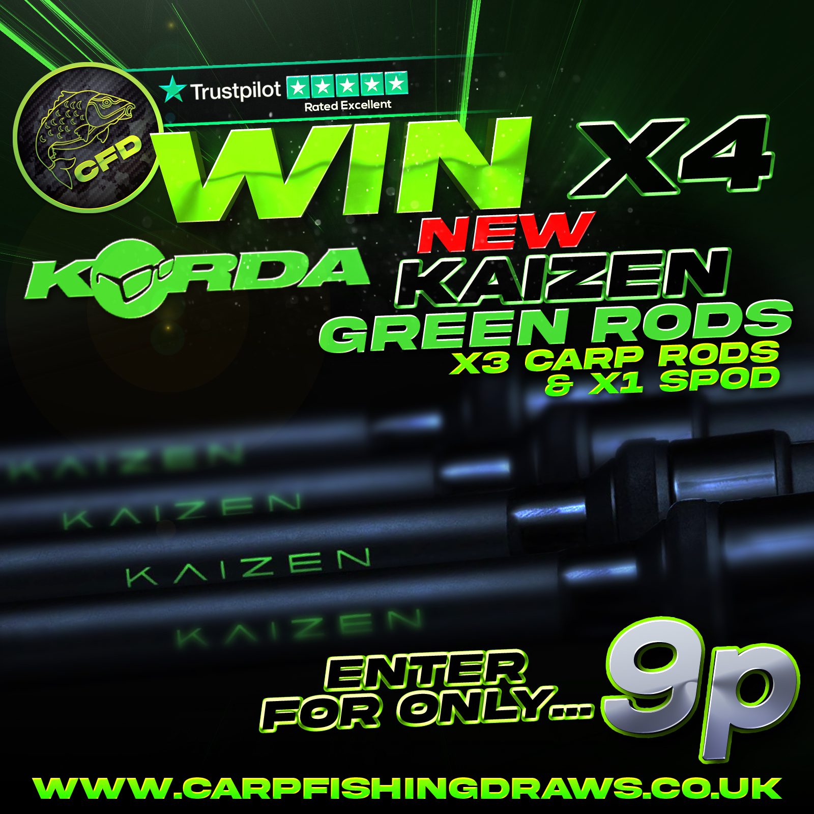 NEW RELEASE** Set of 4x Korda Kaizen Green Rods for 9p!!! – Carp Fishing  Draws