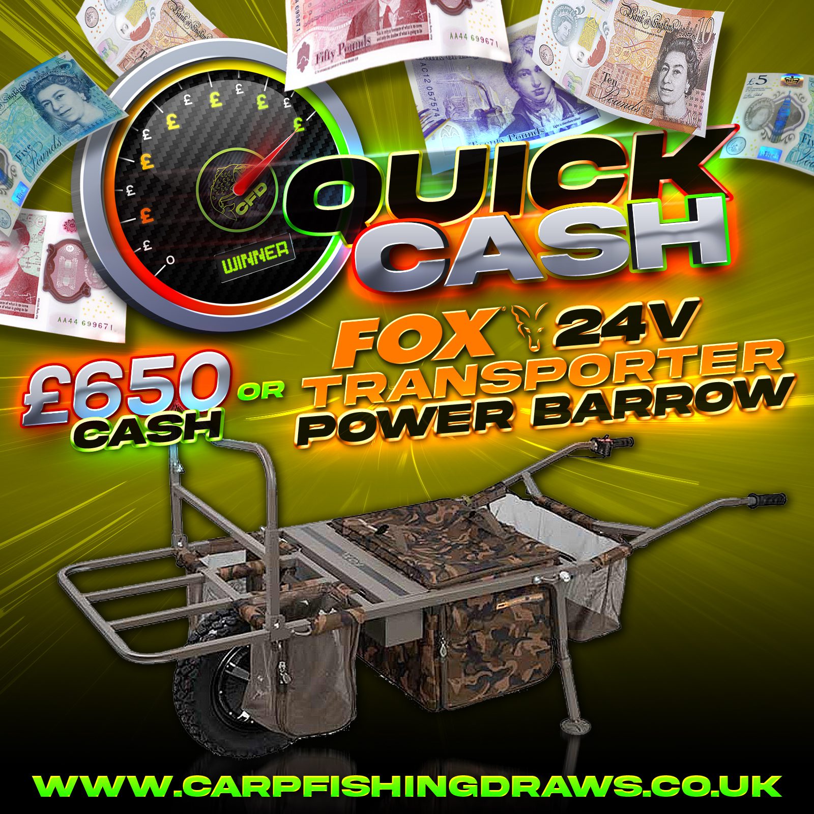 Quick Cash Draw - Win Β£750 tax-free cash or Fox Transporter 24V Power Barrow