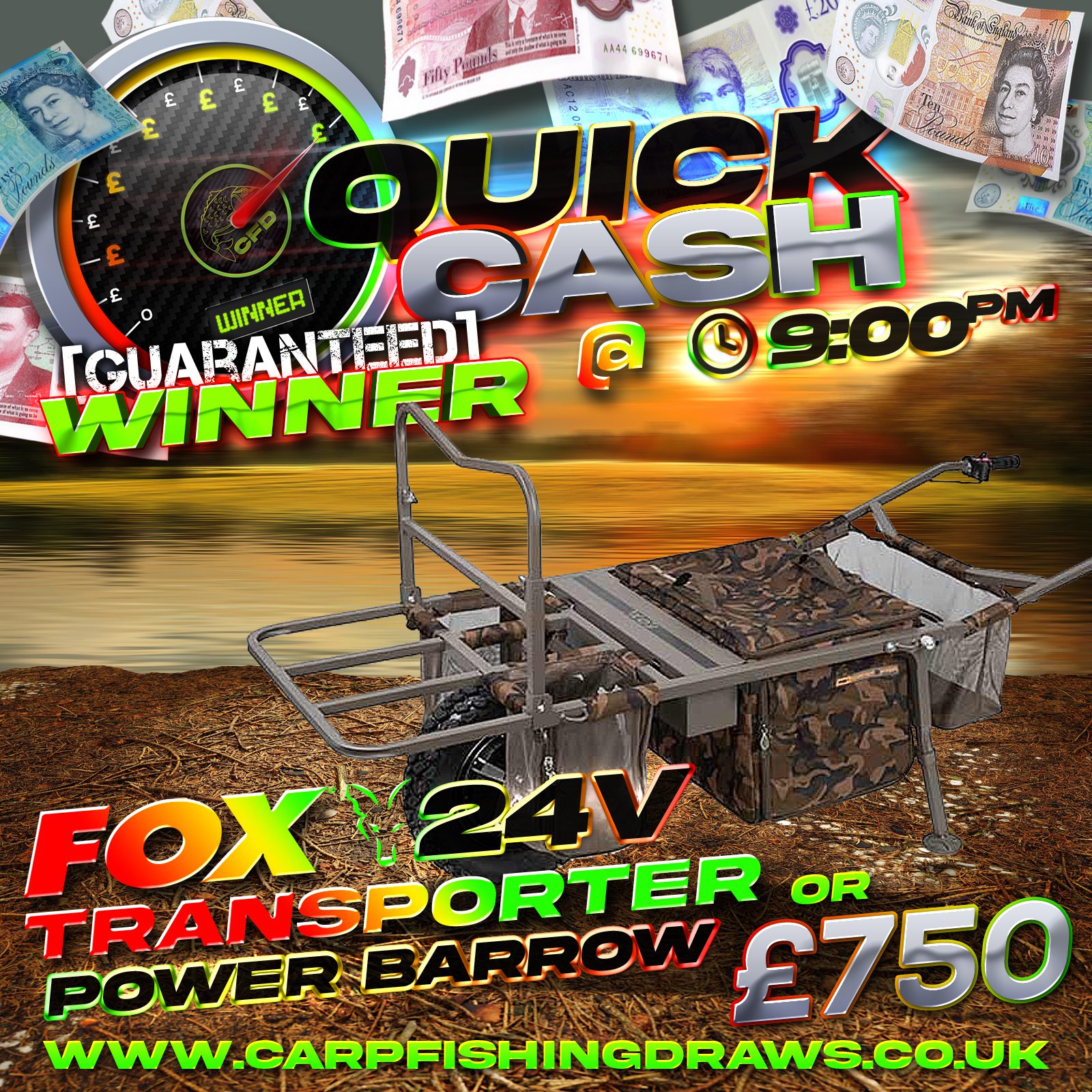 Quick Cash Draw - Win £750 tax-free cash or Fox Transporter 24V Power Barrow