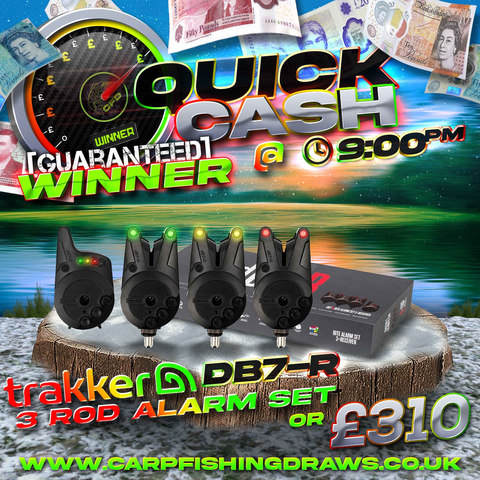 Quick Cash Draw - Win £310 tax-free cash or Trakker DB7-R 3 Rod Bite Alarm Set