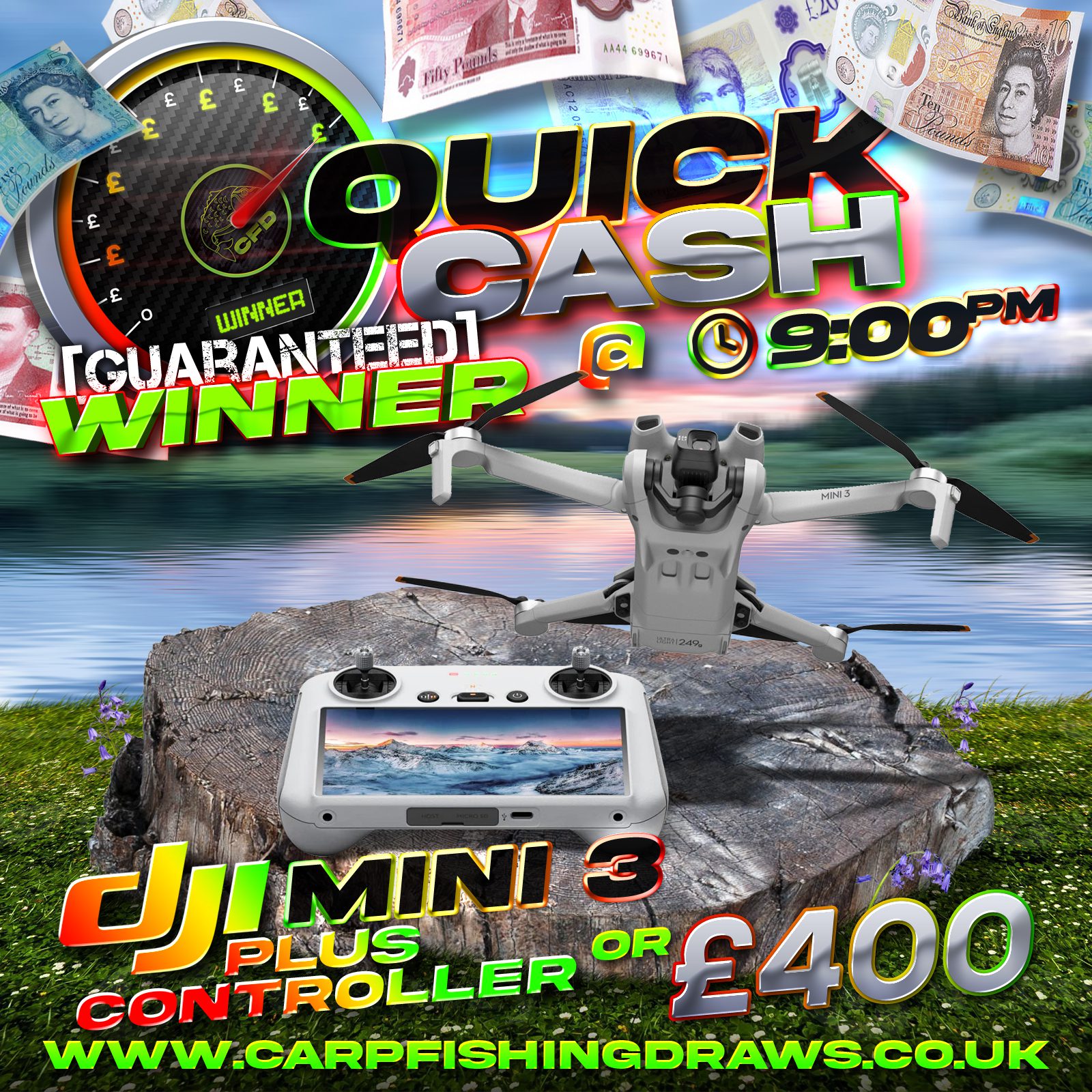 Quick Cash Draw - Win £400 tax-free cash or DJI Mini 3 Drone With DJI RC Remote Controller
