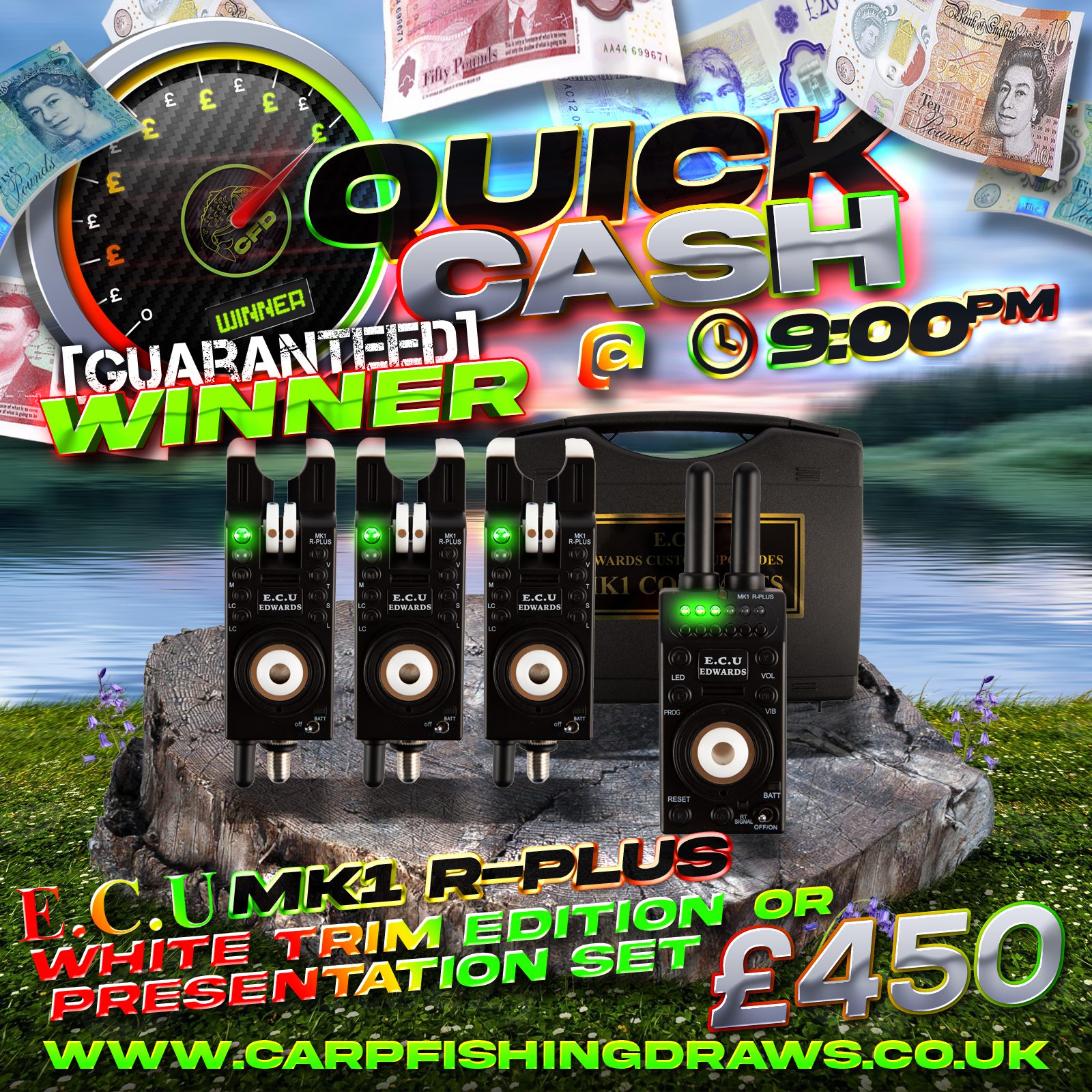 Quick Cash Draw - Win £450 tax-free cash or ECU MK1 R-Plus Bite Alarm's White Trim Edition