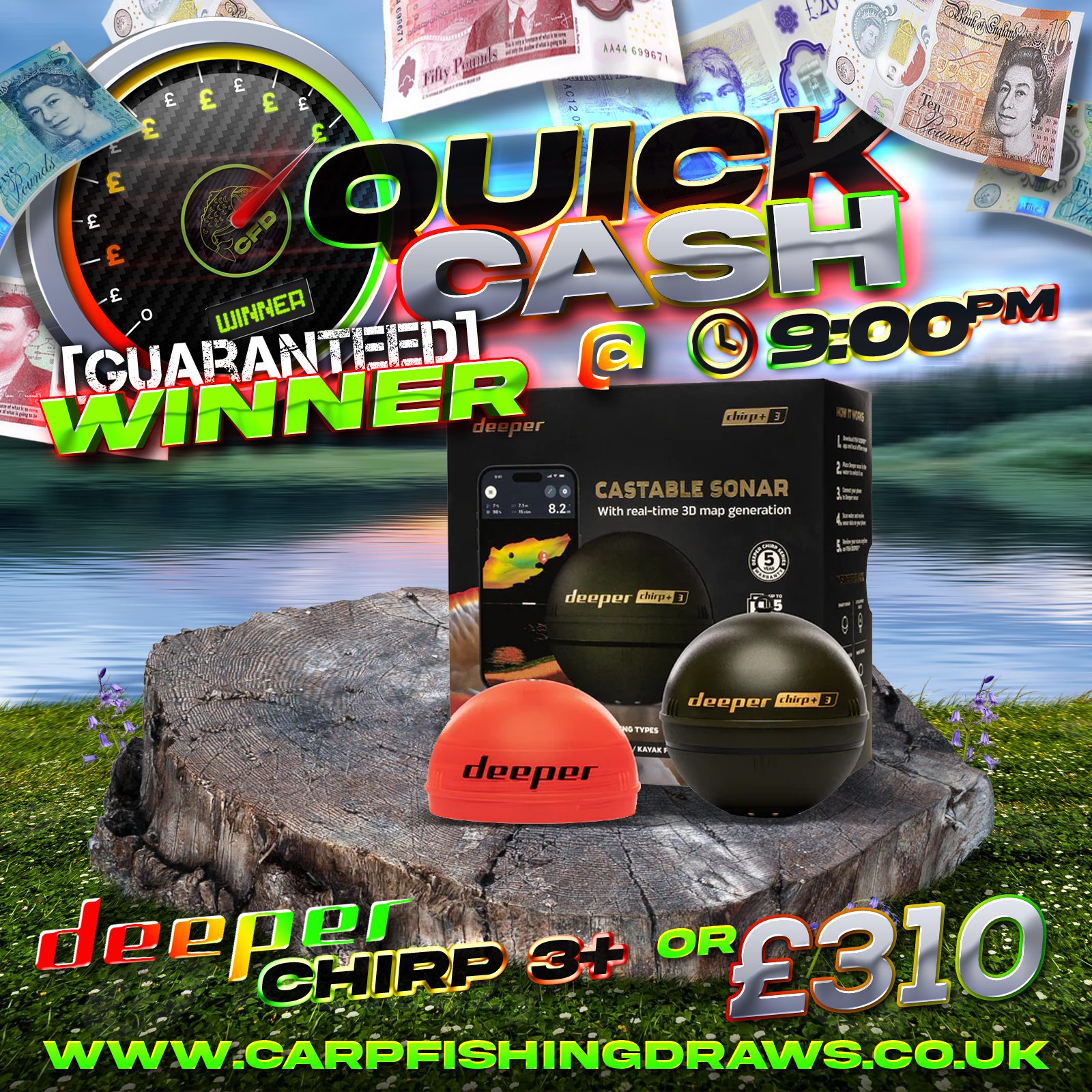 Quick Cash Draw - Win £310 tax-free cash or Deeper Smart Sonar Chirp+ 3