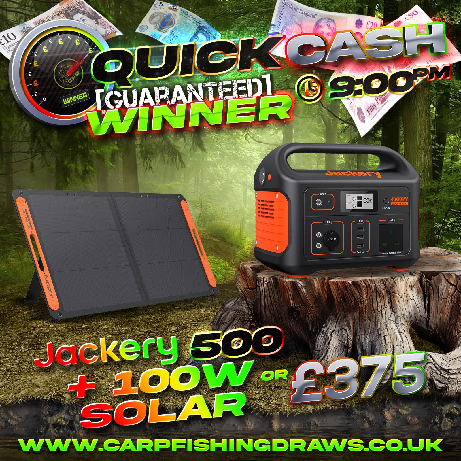 Quick Cash Draw - Win £375 tax-free cash or Jackery 500 with SolarSaga100W Solar Panel