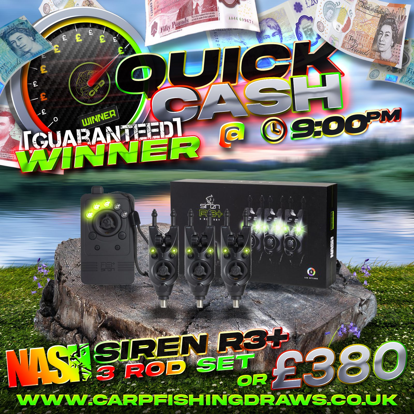 Quick Cash Draw - Win £380 tax-free cash or Nash Siren R3+ 3 Rod Presentation Set