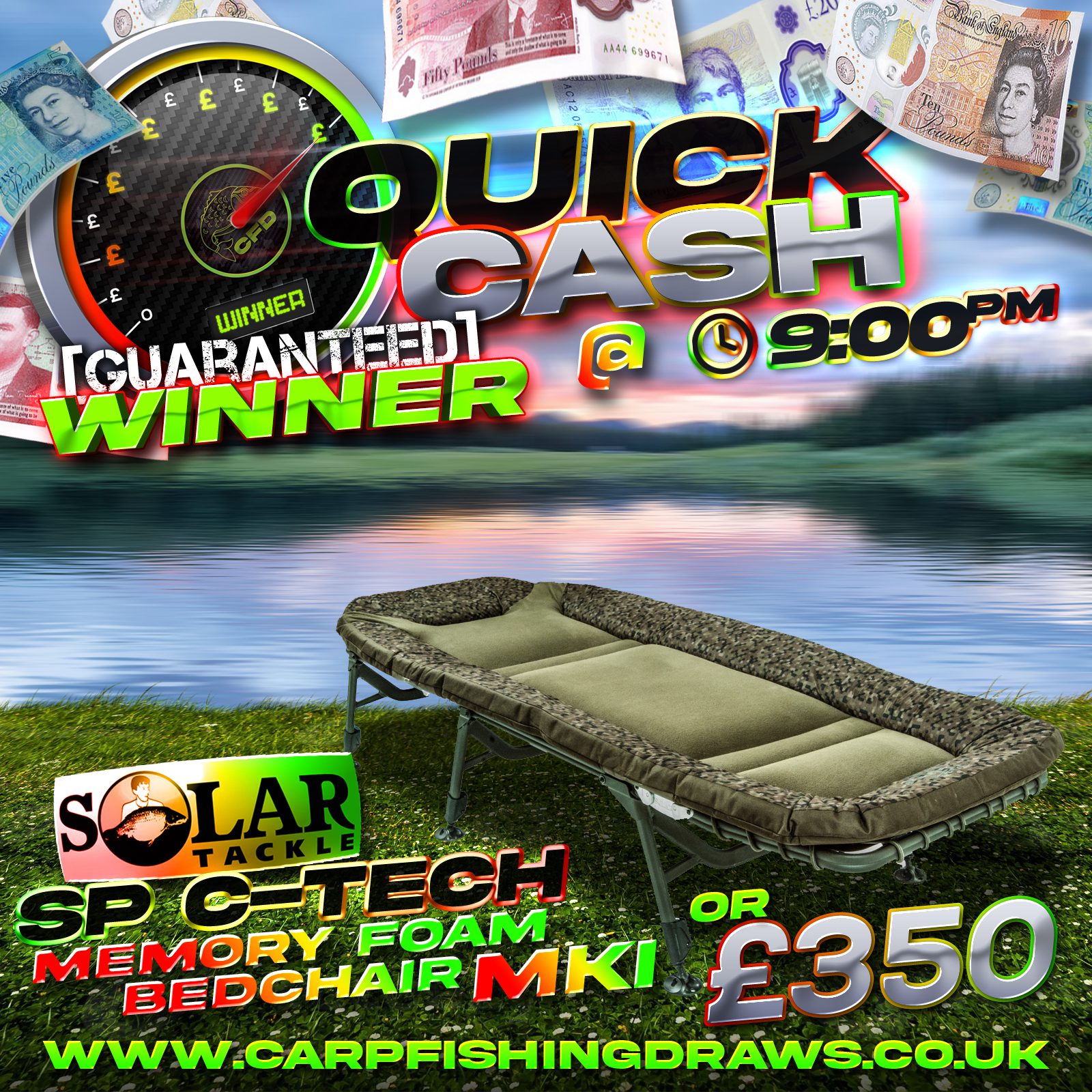 Quick Cash Draw - Win £350 tax-free cash or Solar Tackle Sp C-Tech Memory Foam Bedchair Mkii