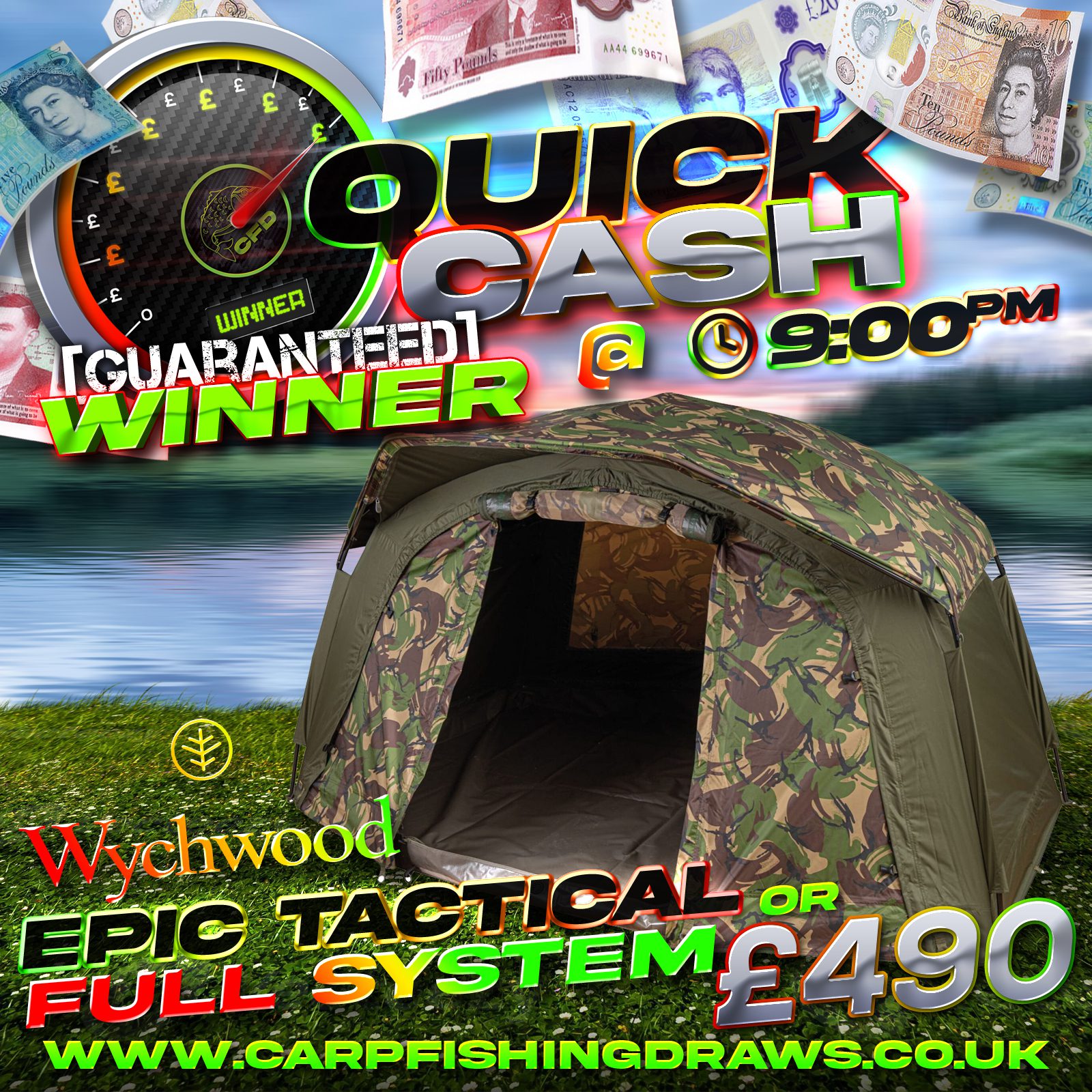 Quick Cash Draw - Win £490 tax-free cash or Wychwood Epic Tactical Compact Bivvy Full System