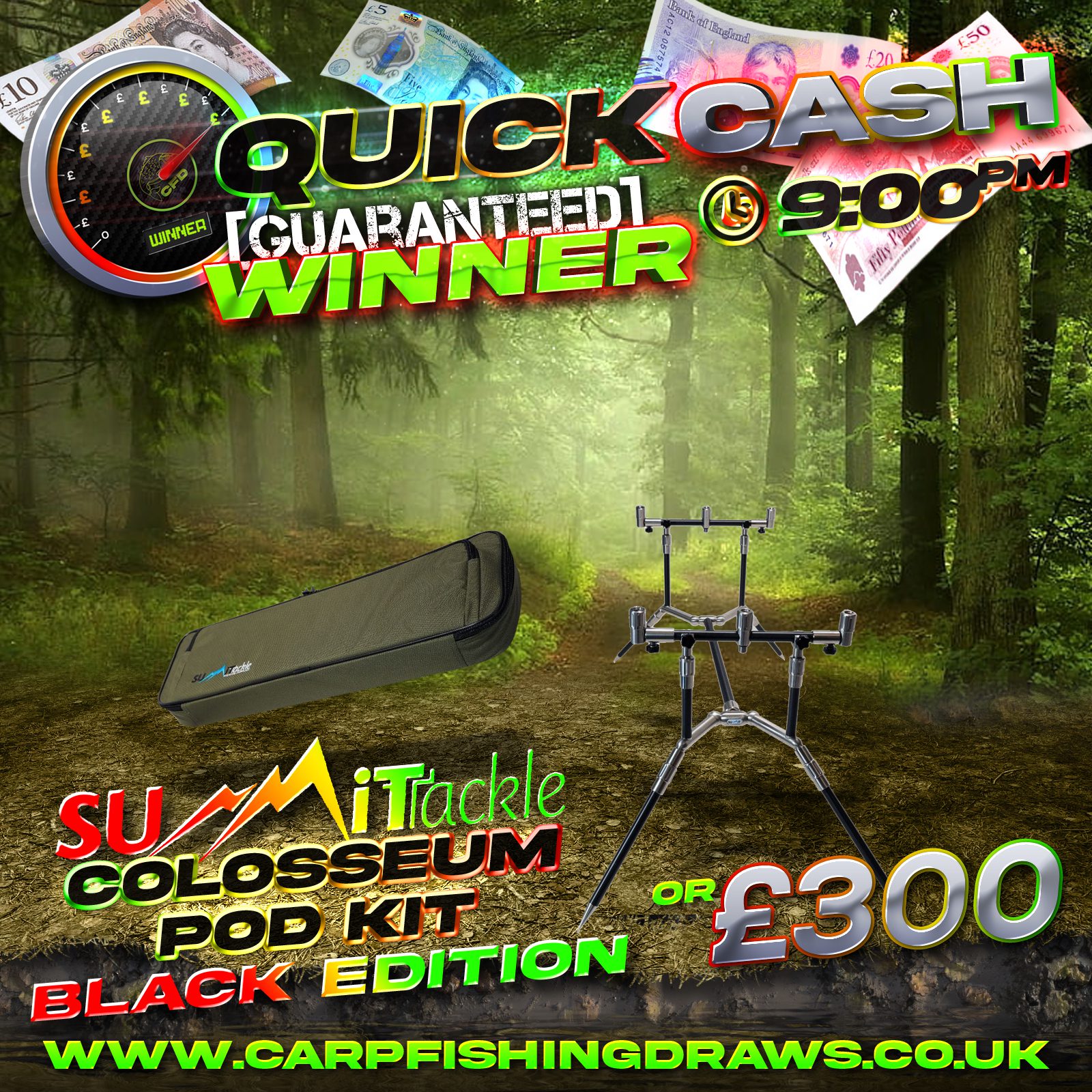 Quick Cash Draw - Win £300 tax-free cash or Summit Tackle Colosseum Pod Kit Black Edition
