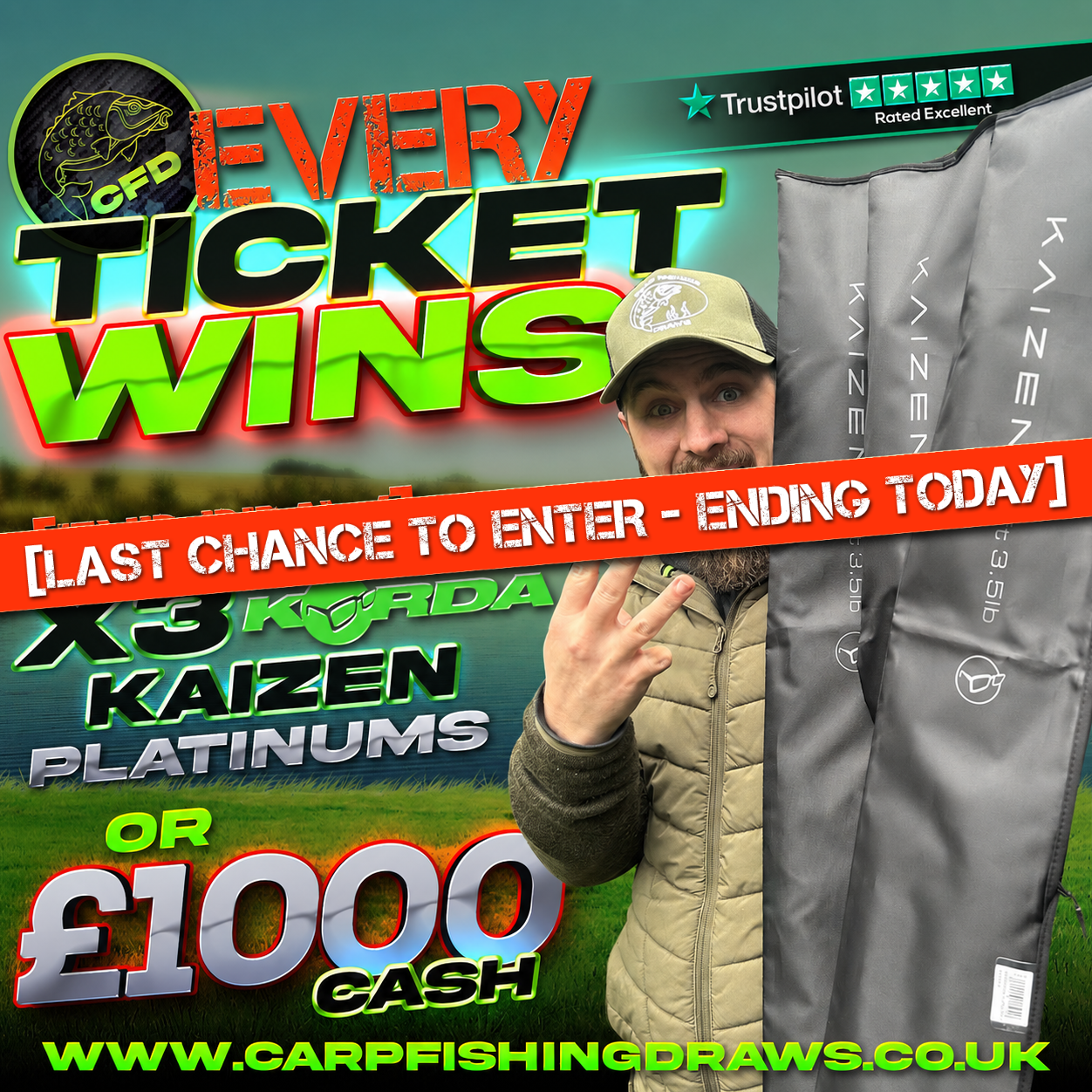 💯🏆 Every ticket wins INSTANTLY – Plus 3x Korda Kaizen Platinum Rods or £1,000 cash end prize – Ending today