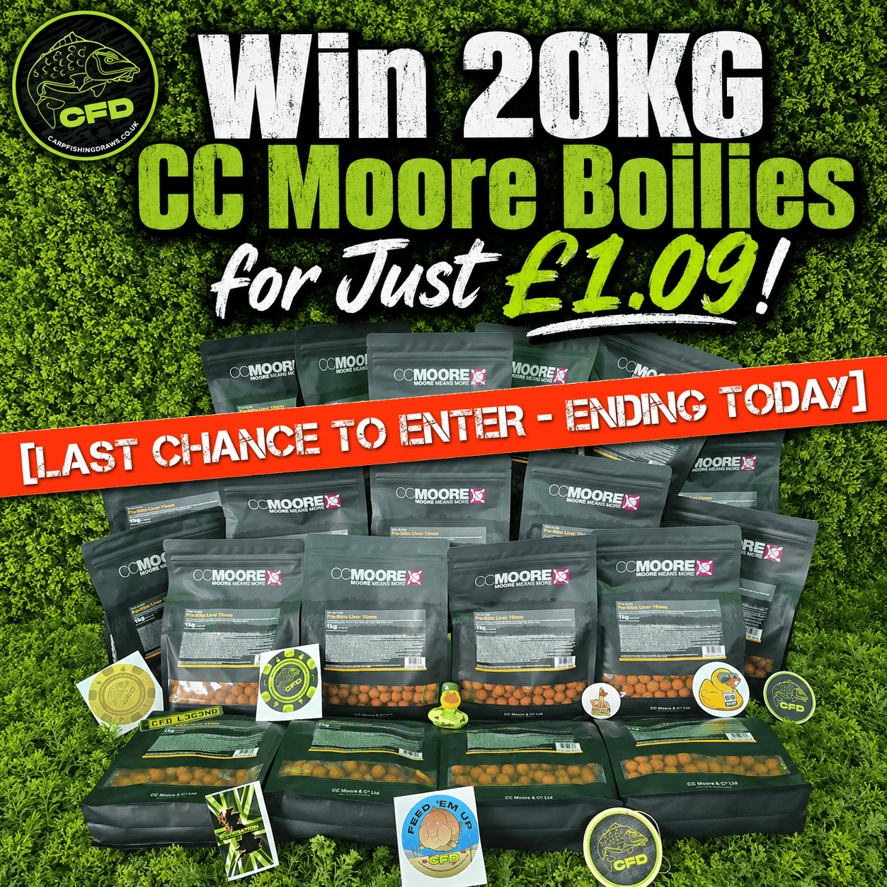 [ WITH INSTANT WINS] – 20kg CC Moore 15mm Pro-Stim Liver Boilies + CFD Goodies – Ending today