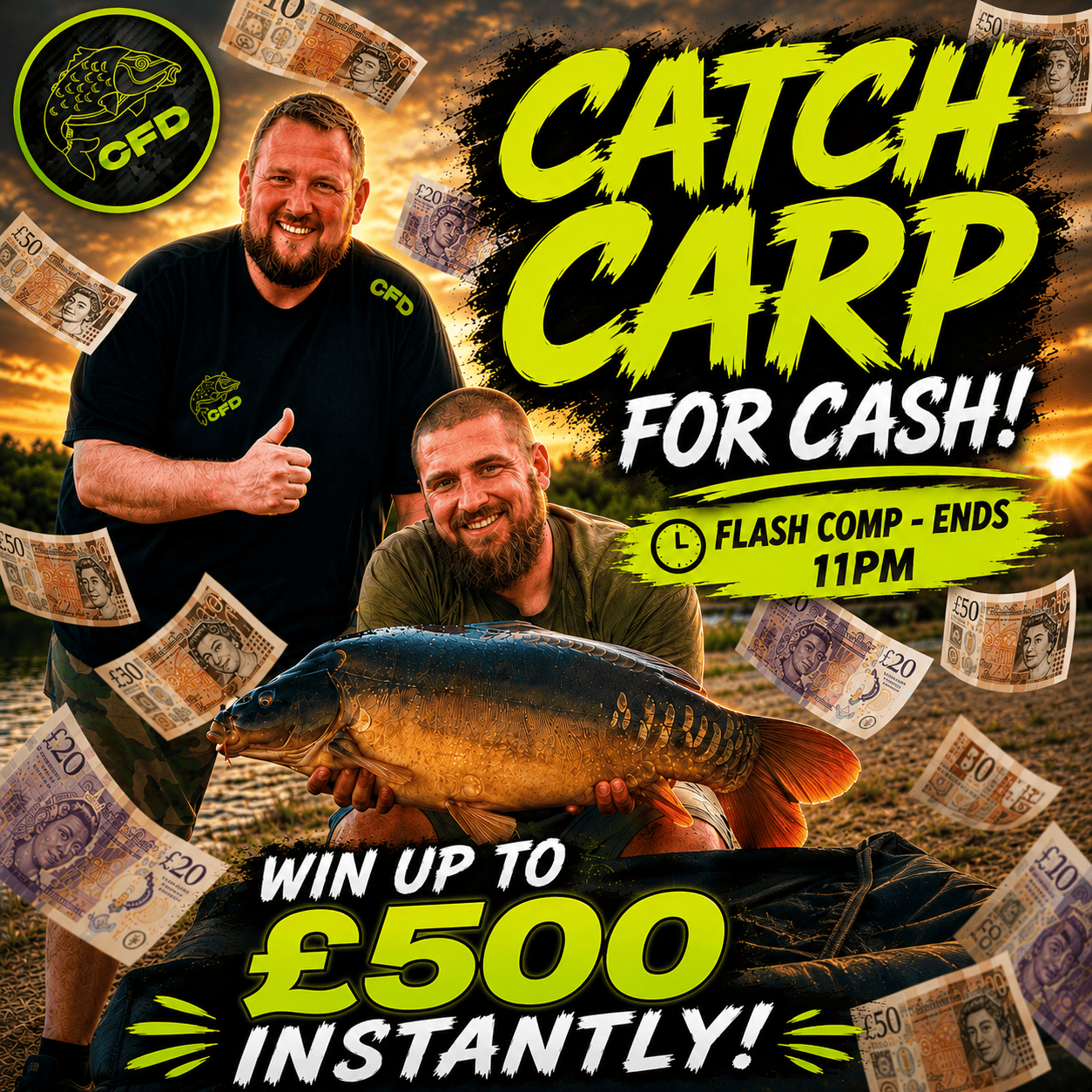 Catch Carp For Cash – Big Instant Wins to £500 Plus £250 auto end draw at 11pm