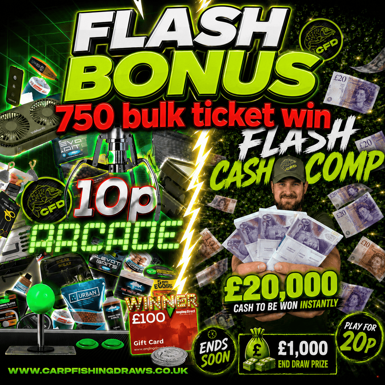 Flash Odds Booster #1 – Win 500 entries on 10p Arcade PLUS 250 entries on £20,000+ Flash Cash